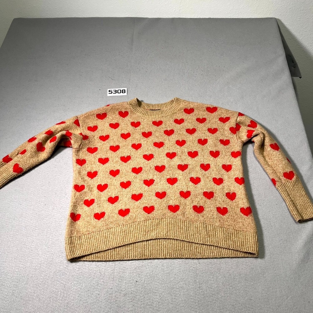 Vince Camuto Sweater Womens Small Tan Red Heart‎ Print Soft Stretch Ribbed Hem